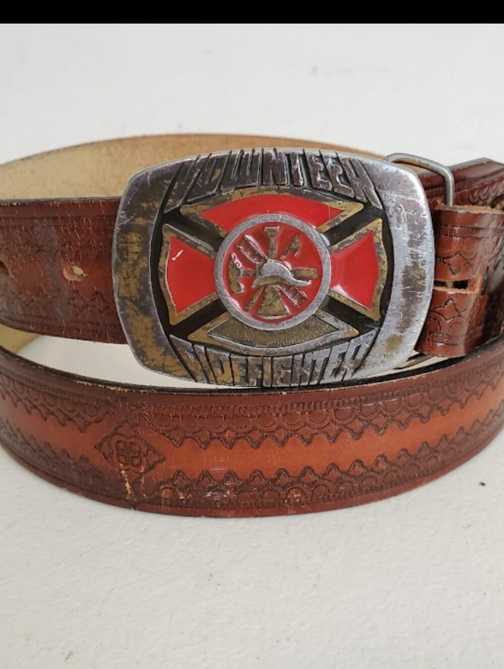 Indiana Metal Craft Volunteer Firefighter Buckle Embossed Brown Leather Belt 80s